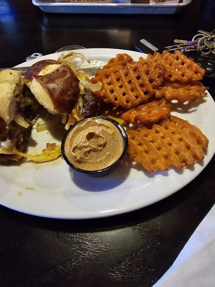 Maple Bacon Burger with Sweet Potato Waffle Fries